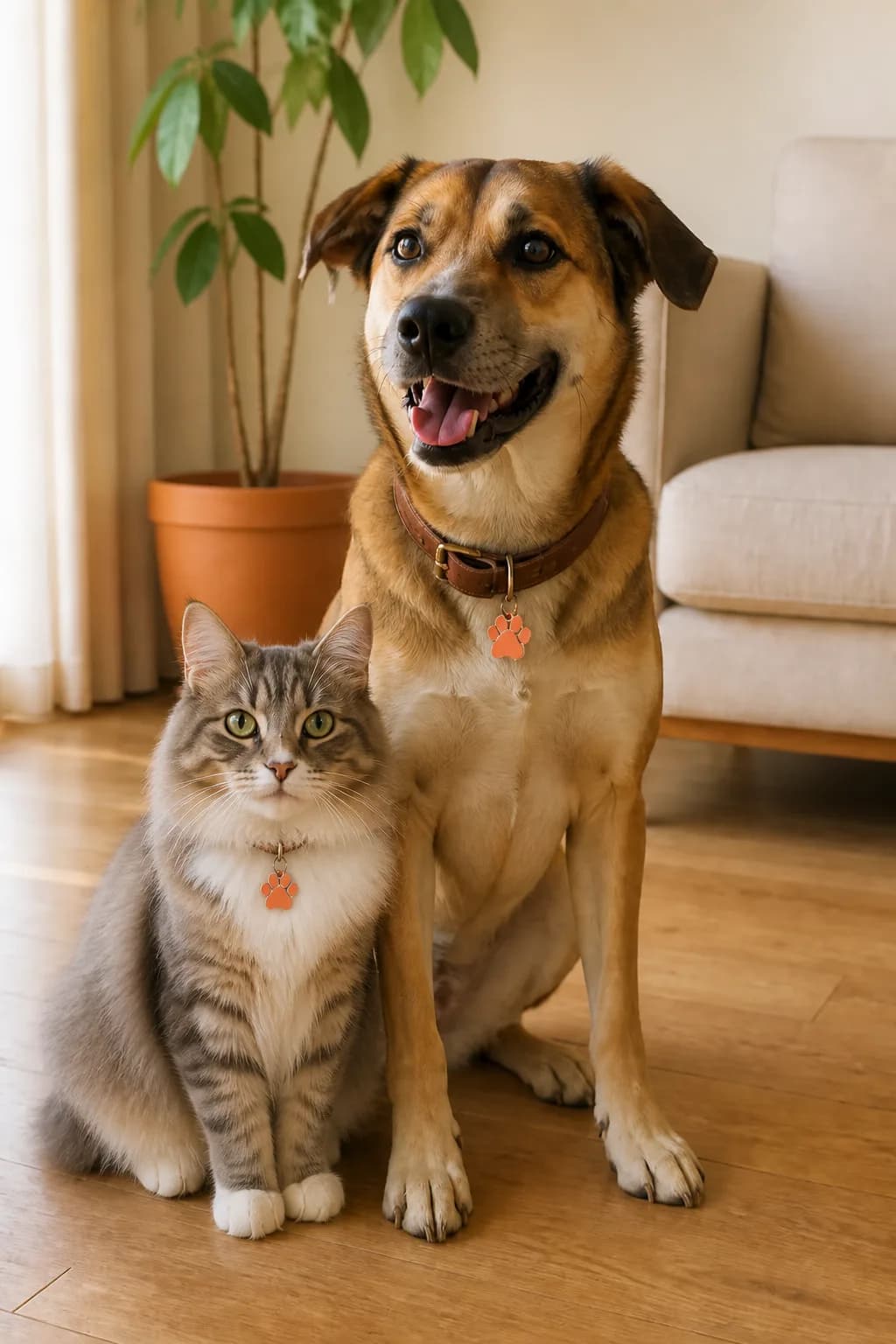 Cão e gato juntos em casa, cada um com plaquinha 3D na coleira — imagem ilustrativa da Patinhas3D